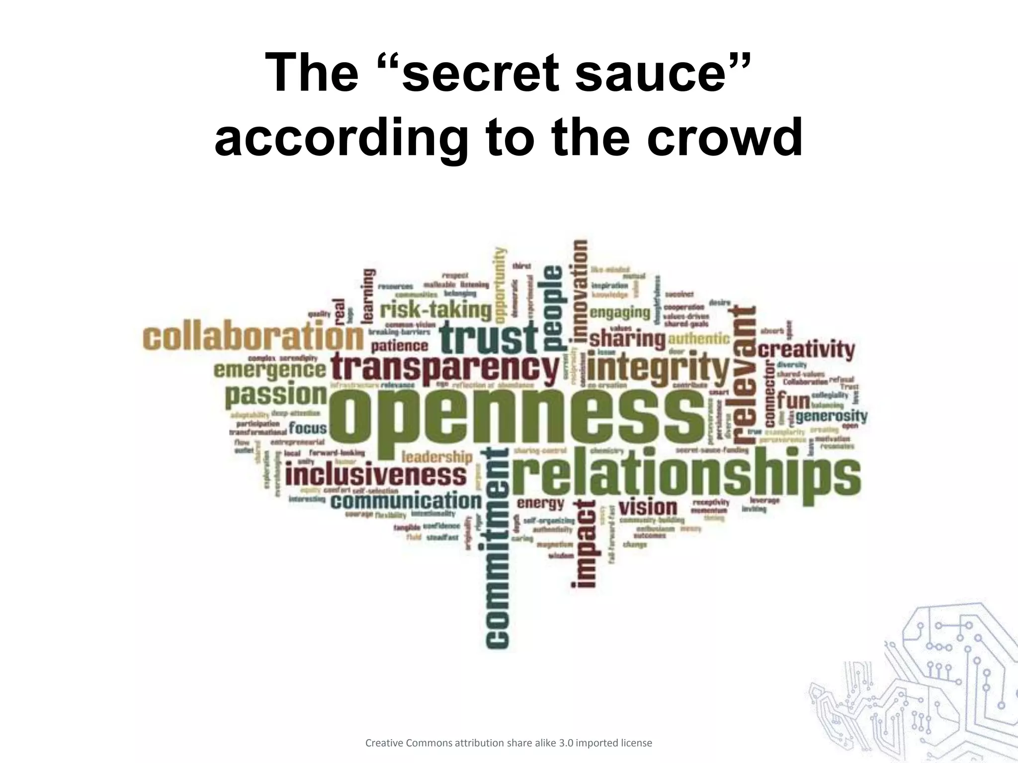 The “secret sauce”
according to the crowd




     Creative Commons attribution share alike 3.0 imported license
 