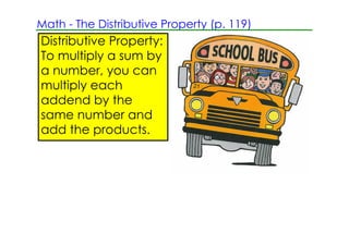 Math ­ The Distributive Property (p. 119)
Distributive Property:
To multiply a sum by
a number, you can
multiply each
addend by the
same number and
add the products.
 