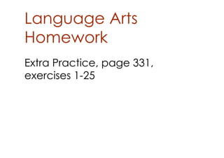 Language Arts
Homework
Extra Practice, page 331,
exercises 1­25
 