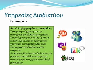 Υπηρεσίες Διαδικτύου
Ανταλλαγή μηνυμάτων, συνομιλίες:
Έχουμε την σύγχρονη και την
ασύγχρονη ανταλλαγή μηνυμάτων.
Στην σύγχρονη (άμεσα μηνύματα) η
ανταλλαγή γίνεται σε πραγματικό
χρόνο και οι συμμετέχοντες είναι
ταυτόχρονα συνδεδεμένοι στην
υπηρεσία.
Αν κάποιος δεν είναι συνδεδεμένος, τα
μηνύματα παραδίδονται αργότερα,
οπότε έχουμε ασύγχρονη ανταλλαγή
μηνυμάτων.
Επικοινωνία
 