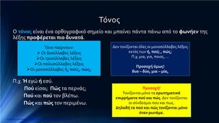 Τόνος
Ο τόνος είναι ένα ορθογραφικό σημείο και μπαίνει πάντα πάνω από το φωνήεν της
λέξης προφέρεται πιο δυνατά.
Π.χ. Ή εγώ ή εσύ.
Πού είσαι; Πώς τα περνάς;
Πού και πού τον βλέπω.
Πώς και πώς τον περιμένω.
Τόνο παίρνουν:
Οι δισύλλαβες λέξεις
Οι τρισύλλαβες λέξεις
Οι πολυσύλλαβες λέξεις
Οι μονοσύλλαβες ή, πού;, πώς;
Προσοχή!
Τονίζονται μόνο τα ερωτηματικά
επιρρήματα πού και πώς. Δεν τονίζονται
οι σύνδεσμοι που και πως.
Δηλαδή τα πού και πώς τονίζονται μόνο
όταν ρωτάμε.
Δεν τονίζονται όλες οι μονοσύλλαβες λέξεις
εκτός των ή, πού; , πώς;
Π.χ. μια, για, ποιος, …
Προσοχή όμως!
δυο – δύο, μια – μία,
Επιμέλεια επανάληψης: Χρήστος Χαρμπής http://e-taksh.blogspot.gr σελ.15
 