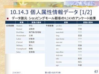2/14/2017 第18回 #カステラ本 45
10.14.3 個人属性情報データ [1/2]
 データ諸元：ショッピングモール顧客の9,243のアンケート結果
変数 変数の意味
応答変数 Student 学生
Retired 退職者
Prof/Man 専門職/管理職
Homemaker 主婦
Labor 労働者
Clerical 聖職者
Military 軍人
Unemployed 無職
Sales 営業職
変数 変数の意味
予測変数 yrs-BA ？？
children 子供
num-hsld ？？
lang 言語
type-home ？？
mar-stat ？？
ethnic 民族
sex 性別
mar-dlinc ？？
hsld-stat ？？
edu 教育
income 収入
age 年齢
 