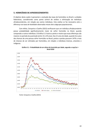 22
5. HOMICÍDIOS DE AFRODESCENDENTES
O objetivo desta seção é apresentar a evolução das taxas de homicídios no Brasil e unidades
federativas, considerando como ponto central de análise a vitimização de indivíduos
afrodescendentes, em relação aos outros indivíduos. Esta análise se faz necessária ante a
diferença nas taxas de letalidade observadas nesses dois subgrupos populacionais.
Com efeito, Cerqueira e Coelho (2015) verificaram que um indivíduo afrodescendente
possui probabilidade significativamente maior de sofrer homicídio no Brasil, quando
comparado a outros indivíduos. O Gráfico 5.1 ilustra o ponto e mostra que essas diferenças são
maiores no período da juventude (entre 15 e 29 anos). Aos 21 anos de idade, quando há o pico
das chances de uma pessoa sofrer homicídio no Brasil, pretos e pardos possuem 147% a mais
de chances de ser vitimados por homicídios, em relação a indivíduos brancos, amarelos e
indígenas.
Gráfico 5.1 - Probabilidade de ser vítima de homicídio por idade, segundo a raça/cor –
Brasil 2010
Fonte: Cerqueira e Coelho (2015)
 