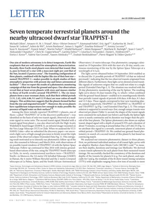 4 5 6 | N A T U R E | V O L 5 4 2 | 2 3 f e b ruar y 2 0 1 7
letter doi:10.1038/nature21360
Seven temperate terrestrial planets around the
nearby ultracool dwarf star TRAPPIST-1
Michaël Gillon1
, Amaury H. M. J. Triaud2
, Brice-Olivier Demory3,4
, Emmanuël Jehin1
, Eric Agol5,6
, Katherine M. Deck7
,
Susan M. Lederer8
, Julien de Wit9
, Artem Burdanov1
, James G. Ingalls10
, Emeline Bolmont11,12
, Jeremy Leconte13
,
Sean N. Raymond13
, Franck Selsis13
, Martin Turbet14
, Khalid Barkaoui15
, Adam Burgasser16
, Matthew R. Burleigh17
, Sean J. Carey10
,
Aleksander Chaushev17
, Chris M. Copperwheat18
, Laetitia Delrez1,4
, Catarina S. Fernandes1
, Daniel L. Holdsworth19
,
Enrico J. Kotze20
, Valérie Van Grootel1
, Yaseen Almleaky21,22
, Zouhair Benkhaldoun15
, Pierre Magain1
& Didier Queloz4,23
One aim of modern astronomy is to detect temperate, Earth-like
exoplanets that are well suited for atmospheric characterization.
Recently, three Earth-sized planets were detected that transit (that
is, pass in front of) a star with a mass just eight per cent that of
the Sun, located 12 parsecs away1
. The transiting configuration of
these planets, combined with the Jupiter-like size of their host star—
named TRAPPIST-1—makes possible in-depth studies of their
atmospheric properties with present-day and future astronomical
facilities1–3
. Here we report the results of a photometric monitoring
campaign of that star from the ground and space. Our observations
reveal that at least seven planets with sizes and masses similar
to those of Earth revolve around TRAPPIST-1. The six inner
planets form a near-resonant chain, such that their orbital periods
(1.51, 2.42, 4.04, 6.06, 9.1 and 12.35 days) are near-ratios of small
integers. This architecture suggests that the planets formed farther
from the star and migrated inwards4,5
. Moreover, the seven planets
have equilibrium temperatures low enough to make possible the
presence of liquid water on their surfaces6–8
.
Among the three initially reported TRAPPIST-1 planets, one of
them—called ‘TRAPPIST-1d’ in the discovery publication1
—was
identified on the basis of only two transit signals, observed at a mod-
erate signal-to-noise ratio. The second transit signal, blended with a
transit signal from planet c, was also observed with the High Acuity
Widefield K-band Imager (HAWK-I), an infrared imager mounted on
the Very Large Telescope (VLT) in Chile. When we analysed the VLT/
HAWK-I data—after we submitted the discovery paper—we uncov-
ered a light curve of high enough precision to firmly reveal the triple
nature of the observed eclipse (Extended Data Fig. 1). This intrigu-
ing result motivated us to intensify our photometric follow-up of the
star; this resumed in February and March 2016, with observations of
six possible transit windows of TRAPPIST-1d with the Spitzer Space
Telescope. Follow-up continued in May 2016 with intense ground-
based observations of the star, using the TRAPPIST-South telescope
in Chile, its newly commissioned northern twin—TRAPPIST-
North—in Morocco, the 3.8-metre UK InfraRed Telescope (UKIRT)
in Hawaii, the 4-metre William Herschel and the 2-metre Liverpool
telescopes at La Palma, Spain, and the South African Astronomical
Observatory 1.0-metre telescope. Our photometric campaign culmi-
nated on 19 September 2016 with the start of a 20-day, nearly con-
tinuous monitoring of the star by the Spitzer Space Telescope at a
wavelength of 4.5 μ​m.
The light curves obtained before 19 September 2016 enabled us
to discard the 11 possible periods of TRAPPIST-1d that we inferred
previously1
, indicating that the two observed transits originated from
different objects. Furthermore, these light curves showed several transit-
like signals of unknown origins that we could not relate to a single
period (Extended Data Figs 2, 3). The situation was resolved with the
20-day photometric monitoring of the star by Spitzer. The resulting
light curve shows 34 clear transits (Fig. 1), which—when combined
with the ground-based dataset—enabled us to unambiguously identify
four periodic transit signals of periods 4.04 days, 6.06 days, 8.1 days
and 12.3 days. These signals correspond to four new transiting plan-
ets, named, respectively, TRAPPIST-1d, TRAPPIST-1e, TRAPPIST-1f
and TRAPPIST-1g (Fig. 1 and Extended Data Figs 2, 3). This unique
solution is supported in several ways: first, enough unique transits were
observed per planet (Table 1); second, the shapes of the transit signals
were consistent for each planet (see below); and finally, the Spitzer light
curve is nearly continuous and its duration was longer than the peri-
ods of the four planets. The Spitzer photometry also shows an orphan
transit-shaped signal with a depth of around 0.35% and a duration of
about 75 minutes, occurring at around Julian Day 2,457,662.55 (Fig. 1);
we attribute this signal to a seventh, outermost planet of unknown
orbital period—TRAPPIST-1h. We combed our ground-based pho-
tometry in search of a second transit of this planet h, but found no
convincing match.
We analysed our extensive photometric dataset in three phases.
First, we performed individual analyses of all transit light curves with
an adaptive Markov chain Monte Carlo (MCMC) code1,9
to meas-
ure their depths, durations and timings (see Methods). We derived
a mean transit ephemeris for each planet from their measured transit
timings. We successfully checked the consistency of the durations and
depths of the transits for planets b to g. For each planet, and espe-
cially for f and g, the residuals of the fit show transit timing variations
(TTVs) with amplitudes ranging from a few tens of seconds to more
1
Space Sciences, Technologies and Astrophysics Research (STAR) Institute, Université de Liège, Allée du 6 Août 19C, Bat. B5C, 4000 Liège, Belgium. 2
Institute of Astronomy, Madingley Road,
Cambridge CB3 0HA, UK. 3
University of Bern, Center for Space and Habitability, Sidlerstrasse 5, CH-3012 Bern, Switzerland. 4
Cavendish Laboratory, JJ Thomson Avenue, Cambridge CB3
0HE, UK. 5
Astronomy Department, University of Washington, Seattle, Washington 98195, USA. 6
NASA Astrobiology Institute’s Virtual Planetary Laboratory, Seattle, Washington 98195, USA.
7
Department of Geological and Planetary Sciences, California Institute of Technology, Pasadena, California 91125, USA. 8
NASA Johnson Space Center, 2101 NASA Parkway, Houston, Texas 77058,
USA. 9
Department of Earth, Atmospheric and Planetary Sciences, Massachusetts Institute of Technology, 77 Massachusetts Avenue, Cambridge, Massachusetts 02139, USA. 10
Spitzer Science
Center, California Institute of Technology, 1200 E California Boulevard, Mail Code 314-6, Pasadena, California 91125, USA. 11
NaXys, Department of Mathematics, University of Namur, 8 Rempart
de la Vierge, 5000 Namur, Belgium. 12
Laboratoire AIM Paris-Saclay, CEA/DRF–CNRS–Univ. Paris Diderot - IRFU/SAp, Centre de Saclay, F- 91191 Gif-sur-Yvette Cedex, France. 13
Laboratoire
d'astrophysique de Bordeaux, Université Bordeaux, CNRS, B18N, Allée Geoffroy Saint-Hilaire, F-33615 Pessac, France. 14
Laboratoire de Météorologie Dynamique, Sorbonne Universités, UPMC
Univ Paris 06, CNRS, 4 Place Jussieu, 75005 Paris, France. 15
Laboratoire LPHEA, Oukaimeden Observatory, Cadi Ayyad University/FSSM, BP 2390 Marrakesh, Morocco. 16
Center for Astrophysics
and Space Science, University of California San Diego, La Jolla, California 92093, USA. 17
Leicester Institute for Space and Earth Observation, Department of Physics and Astronomy, University of
Leicester, Leicester LE1 7RH, UK. 18
Astrophysics Research Institute, Liverpool John Moores University, Liverpool L3 5RF, UK. 19
Jeremiah Horrocks Institute, University of Central Lancashire, Preston
PR1 2HE, UK. 20
South African Astronomical Observatory, PO Box 9, Observatory, 7935, South Africa. 21
Space and Astronomy Department, Faculty of Science, King Abdulaziz University, 21589
Jeddah, Saudi Arabia. 22
King Abdullah Centre for Crescent Observations and Astronomy, Makkah Clock, Mecca 24231, Saudi Arabia.23
Observatoire de Genève, Université de Genève, 51 chemin
des Maillettes, CH-1290 Sauverny, Switzerland.
© 2017 Macmillan Publishers Limited, part of Springer Nature. All rights reserved.
 