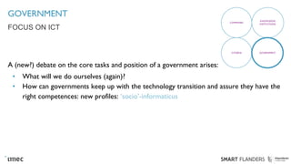 GOVERNMENT
A (new?) debate on the core tasks and position of a government arises:
• What will we do ourselves (again)?
• How can governments keep up with the technology transition and assure they have the
right competences: new profiles: ‘socio’-informaticus
FOCUS ON ICT
COMPANIES
KNOWLEDGE
INSTITUTIONS
CITIZENS GOVERNMENT
 