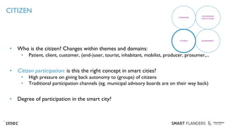 CITIZEN
• Who is the citizen? Changes within themes and domains:
• Patient, client, customer, (end-)user, tourist, inhabitant, mobilist, producer, prosumer,...
• Citizen participation: is this the right concept in smart cities?
• High pressure on giving back autonomy to (groups) of citizens
• Traditional participation channels (eg. municipal advisory boards are on their way back)
• Degree of participation in the smart city?
COMPANIES
KNOWLEDGE
INSTITUTIONS
CITIZENS GOVERNMENT
 