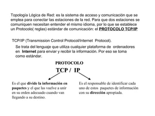 Topología Lógica de Red: es la sistema de acceso y comunicación que se
emplea para conectar las estaciones de la red. Para que dos estaciones se
comuniquen necesitan entender el mismo idioma, por lo que se establece
un Protocolo( reglas) estándar de comunicación: el PROTOCOLO TCP/IP
TCP/IP (Transmission Control Protocol/Internet Protocol).
Se trata del lenguaje que utiliza cualquier plataforma de ordenadores
en Internet para enviar y recibir la información. Por eso se toma
como estándar.
TCP / IPTCP / IP
Es el que divide la información en
paquetes y el que las vuelve a unir
en su orden adecuado cuando van
llegando a su destino.
Es el responsable de identificar cada
uno de estos paquetes de información
con su dirección apropiada.
PROTOCOLOPROTOCOLO
 