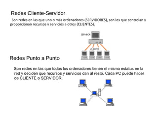 Redes Cliente-Servidor
Son redes en las que uno o más ordenadores (SERVIDORES), son los que controlan y
proporcionan recursos y servicios a otros (CLIENTES).
Redes Punto a Punto
Son redes en las que todos los ordenadores tienen el mismo estatus en la
red y deciden que recursos y servicios dan al resto. Cada PC puede hacer
de CLIENTE o SERVIDOR.
 