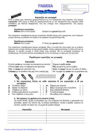 Κυριολεξία και µεταφορά
Όταν οι λέξεις µιας πρότασης χρησιµοποιούνται µε την πραγµατική τους σηµασία, τότε έχουµε
κυριολεξία. Όταν όµως οι λέξεις δε χρησιµοποιούνται µε την πραγµατική τους σηµασία, αλλά
αποδίδουν µια ιδιότητα διαφορετική, που δεν υπάρχει στην πραγµατικότητα, τότε έχουµε
µεταφορά.
Παράδειγµα κυριολεξίας
Μέθυσε από το πολύ κρασί. Αγόρασε ένα χρυσό δαχτυλίδι.
Στα παραπάνω παραδείγµατα έχουµε κυριολεξία, δηλαδή έχουµε κάτι πραγµατικό, γιατί πράγµατι
µπορεί κάποιος να µεθύσει από κρασί ή να αγοράσει ένα χρυσό δαχτυλίδι.
Παράδειγµα µεταφοράς
Μέθυσε από ευτυχία. Ο Τάκης έχει χρυσή καρδιά.
Στα παραπάνω παραδείγµατα έχουµε µεταφορά, διότι η ευτυχία δεν είναι κρασί για να µεθύσει
κάποιος ούτε µπορεί κάποιος να έχει χρυσή καρδιά. Απλώς χρησιµοποιούµε τη λέξη αυτή για να
δείξουµε τη µεγάλη ευτυχία ή πόσο καλός είναι κάποιος. Με τη µεταφορά µπορούµε να
αποδώσουµε πιο έντονα κάποια συναισθήµατα κι έτσι να κάνουµε το λόγο µας πιο ζωντανό.
Παραδείγµατα κυριολεξίας και µεταφοράς
Κυριολεξία Μεταφορά
Ο αετός πετάει µε τα φτερά του ανοιγµένα και ακίνητα. Σήµερα η οµάδα πετάει
Η Ελένη έριξε κάτω τα πράγµατα που κρατούσε. Ρίξε µια µατιά σε αυτό το βιβλίο.
Ράβει το κουµπί στο παντελόνι της. Βρήκε το κουµπί του και τον κάνει ότι θέλει.
Γελάσαµε µε το ανέκδοτο που µας είπε ο κύριός µας. Απ’ τη χαρά του γελάνε και τα µουστάκια του.
1. Να σηµειώσεις δίπλα σε κάθε πρόταση Κ για κυριολεξία ή Μ για
µεταφορά.
α. Το άλογο τρέχει. ( ) στ. Έφαγα µια τούµπα. ( )
β. Έβαλε τα κλάµατα. ( ) ζ. Βάζω τα ρούχα στην ντουλάπα. ( )
γ. Ταξιδεύει µε τρένο. ( ) η. Έχει σιδερένια θέληση. ( )
δ. Ο Νίκος φουσκώνει το µπαλόνι. ( ) θ. Τι κολόνια φορά; ( )
ε. Πού ταξιδεύει ο νους σου; ( ) ι. Θα έρθεις στην εκδροµή; ( )
2. Να γράψεις τις φράσεις στη σωστή στήλη.
(το πουλί πετάει, έχασε το κουράγιο της, τον έστρωσε στη δουλειά, η φαντασία του
καλπάζει, έχασε την τσάντα της, τα άλογα καλπάζουν, πετάει η οµάδα, στρώνει το
σεντόνι, µασάει τα λόγια του, το µωρό δε µασάει ακόµα)
Κυριολεξία Μεταφορά
Τάξη Γ΄
Όνοµα______________________
Επώνυµο__________________
Επιμέλεια: Χρήστος Χαρμπής http://xristx.blogspot.gr σελ.9
 