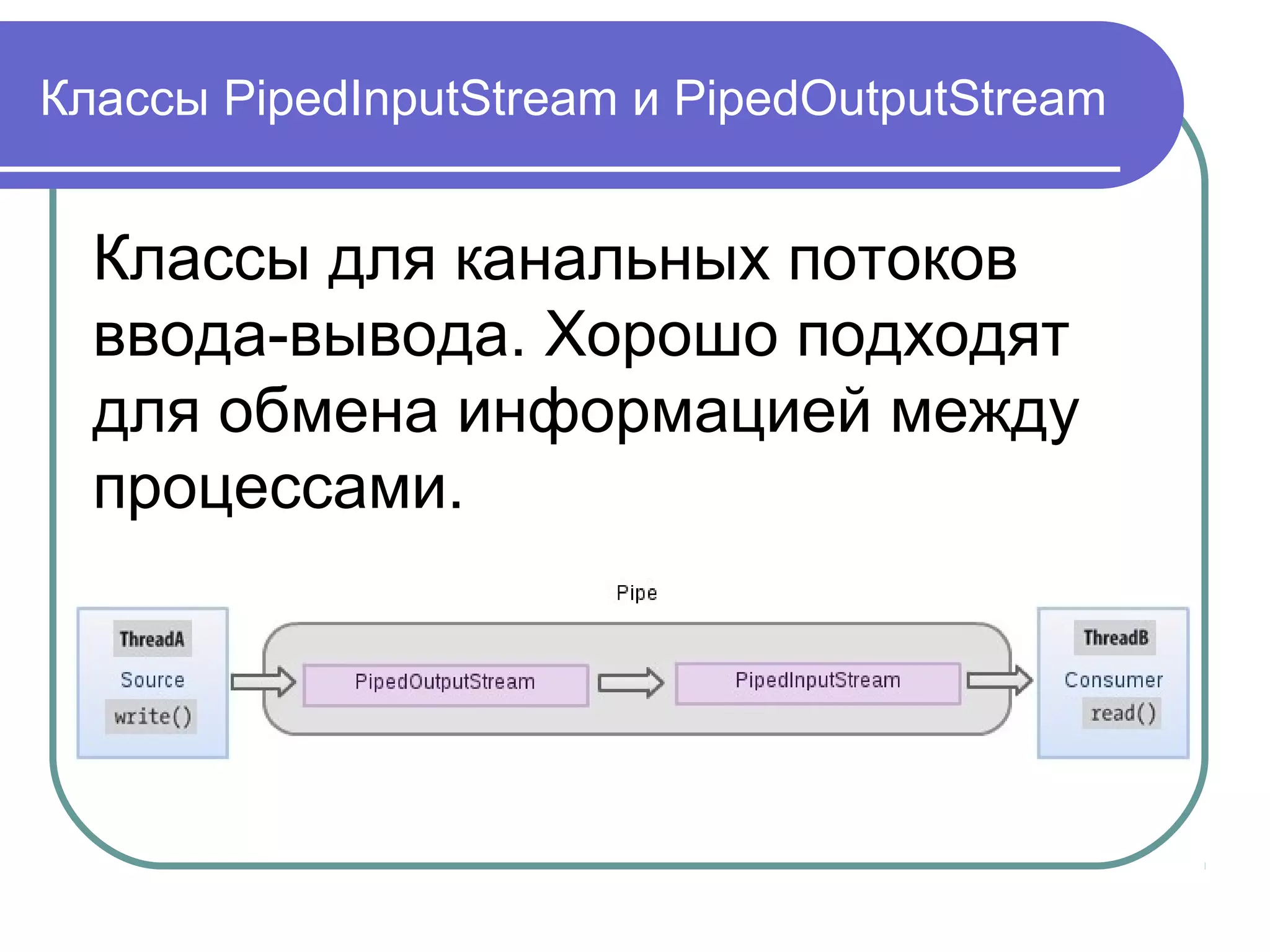 Файловый поток FilelnputStream
FilelnputStream - простейший класс
для потокового (последовательного)
чтения байтов из файла.
Объект этого класса создаётся на
основе объекта File или по имени
файла в файловой системе.
 