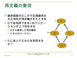 2011/4/14
オブジェクト指向プログラミング入門
10 18
再定義の衝突
 継承経路のどこかで反復継承さ
れた特性が再定義されたとする
 D では利用できる f のバリエー
ションが 2 つ存在する
 B から継承した再定義版
 C からのバージョン
 D においてどちらを利用する
か？ D
B C
A
f++
f
 