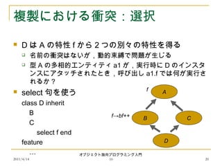 2011/4/14
オブジェクト指向プログラミング入門
10 20
複製における衝突：選択
 D は A の特性 f から２つの別々の特性を得る
 名前の衝突はないが，動的束縛で問題が生じる
 型 A の多相的エンティティ a1 が，実行時に D のインスタ
ンスにアタッチされたとき，呼び出し a1.f では何が実行さ
れるか？
 select 句を使う
class D inherit
B
C
select f end
feature
…
D
B C
A
f→bf++
f
 