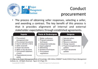 Conduct	
  	
  
procurement	
  
•  The	
  process	
  of	
  obtaining	
  seller	
  responses,	
  selecOng	
  a	
  seller,	
  
and	
   awarding	
   a	
   contract.	
   The	
   key	
   beneﬁt	
   of	
   this	
   process	
   is	
  
that	
   it	
   provides	
   alignment	
   of	
   internal	
   and	
   external	
  
stakeholder	
  expectaOons	
  through	
  established	
  agreements.	
  
Copyright@STEVBROS	
   Project	
  Management	
  Fundamentals	
   20	
  
A	
  Guide	
  to	
  the	
  Project	
  Management	
  Body	
  of	
  Knowledge,	
  FiBh	
  Edi9on	
  (PMBOK®	
  Guide)	
  ©2013	
  Project	
  Management	
  
Ins9tute,	
  Inc.	
  	
  All	
  Rights	
  Reserved.	
  	
  Figure	
  12-­‐4	
  Page	
  371.	
  
 