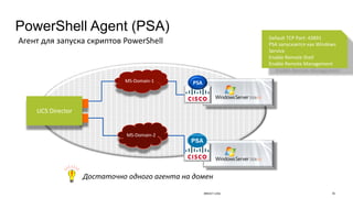 PowerShell Agent (PSA)
Агент	для	запуска	скриптов	PowerShell
UCS	Director
MS-Domain-2
MS-Domain-1
Default	TCP	Port:	43891
PSA	запускается	как	Windows	
Service
Enable	Remote	Shell
Enable	Remote	Management
PSA
Достаточно	одного	агента	на	домен
BRKDCT-1456 36
 
