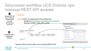 Запускаем workflow UCS Director при
помощи REST API вызова
Cisco Connect 2017 © 2017 Cisco and/or its affiliates. All rights reserved. 38
{
param0:"<WORKFLOW_NAME>",
param1:{
"list":[
{“name":"<INPUT_1>","value":"<INPUT_VALUE>"},
{"name":"<INPUT_2>","value":"<INPUT_VALUE"}
]
},
param2:-1
}
Делаем REST API
вызов сценария
автоматизации
в сторону
UCS Director из
прототипа
1
HTTP	GET
http://<UCSD_IP>/app/api/rest?formatType=json
&opName=userAPISubmitWorkflowServiceRequest
&opData={SOME_JSON_DATA_HERE}
Формируем JSON с
параметрами
Workflow
2
Пример:	https://communities.cisco.com/docs/DOC-57426
 
