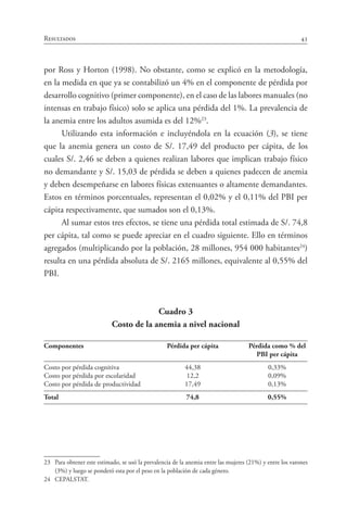 43Resultados
por Ross y Horton (1998). No obstante, como se explicó en la metodología,
en la medida en que ya se contabilizó un 4% en el componente de pérdida por
desarrollo cognitivo (primer componente), en el caso de las labores manuales (no
intensas en trabajo físico) solo se aplica una pérdida del 1%. La prevalencia de
la anemia entre los adultos asumida es del 12%23
.
Utilizando esta información e incluyéndola en la ecuación (3), se tiene
que la anemia genera un costo de S/. 17,49 del producto per cápita, de los
cuales S/. 2,46 se deben a quienes realizan labores que implican trabajo físico
no demandante y S/. 15,03 de pérdida se deben a quienes padecen de anemia
y deben desempeñarse en labores físicas extenuantes o altamente demandantes.
Estos en términos porcentuales, representan el 0,02% y el 0,11% del PBI per
cápita respectivamente, que sumados son el 0,13%.
Al sumar estos tres efectos, se tiene una pérdida total estimada de S/. 74,8
per cápita, tal como se puede apreciar en el cuadro siguiente. Ello en términos
agregados (multiplicando por la población, 28 millones, 954 000 habitantes24
)
resulta en una pérdida absoluta de S/. 2165 millones, equivalente al 0,55% del
PBI.
Cuadro 3
Costo de la anemia a nivel nacional
Componentes	 Pérdida per cápita	 Pérdida como % del 	
		 PBI per cápita
Costo por pérdida cognitiva	 44,38	 0,33%
Costo por pérdida por escolaridad	 12,2	 0,09%
Costo por pérdida de productividad	 17,49	 0,13%
Total	 74,8	 0,55%
23	 Para obtener este estimado, se usó la prevalencia de la anemia entre las mujeres (21%) y entre los varones
(3%) y luego se ponderó esta por el peso en la población de cada género.
24	 CEPALSTAT.
 