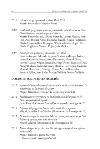 80 Impacto económico de la anemia en el Perú
2010	 Informe de progreso educativo, Perú 2010
	 Martín Benavides y Magrith Mena
2008	 Análisis de programas, procesos y resultados educativos en el Perú.
Contribuciones empíricas para el debate
	 Martín Benavides, ed., Liliana Miranda, Lorena Alcázar, Juan
José Díaz, Patricia Ames, Francesca Uccelli, Alizon Rodríguez,
Navia, Eduardo Ruiz Urpeque, Néstor Valdivia, Hugo Díaz,
Gisele Cuglievan, Vanessa Rojas, Jaris Mujica.
2007	 Investigación, políticas y desarrollo en el Perú
	 Patricia Arregui, Eduardo Zegarra, Verónica Minaya, Javier
	 Escobal, Carmen Ponce, Juana Kuramoto, Manuel Glave,
	 Lorena Alcázar, Miguel Jaramillo, Hugo Ñopo, Juan José Díaz,
Nancy Birdsall, Rachel Menezes, Máximo Torero, José Deustua,
Manuel Hernández, Santiago Cueto, Martín Benavides,
Ernesto Pollitt, Juan León, Martín Valdivia, Néstor Valdivia.
DOCUMENTOS DE INVESTIGACIÓN
2012	 Ajustes del mercado laboral ante cambios en el salario mínimo: La
experiencia de la década de 2000
	 Miguel Jaramillo (Documento de Investigación 63)
2012	 Polarización y segregación en la distribución del ingreso en el
Perú: Trayectorias desiguales
	 Javier Escobal, Carmen Ponce (Documento de Investigación 62)
2011	 Impacto del programa Juntos sobre nutrición temprana
	 Miguel Jaramillo, Alan Sánchez (Documento de Investigación 61)
2011	 El uso de categorías étnico/raciales en censos y encuestas en el Perú:
balance y aportes para una discusión
	 Néstor Valdivia (Documento de Investigación 60)
2011	 Menos desiguales: la distribución del ingreso luego de las reformas
estructurales
	 Miguel Jaramillo, Jaime Saavedra
	 (Documento de Investigación 59)
 