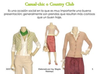 Casual-chic o Country Club
Es una ocasión social en la que es muy importante una buena
presentación; generalmente son prendas que resultan más costosas
que un buen traje.
30/07/12 5Elaborado por Ing. Magda
Restrepo
 