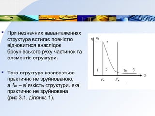  При незначних навантаженнях
структура встигає повністю
відновитися внаслідок
броунівського руху частинок та
елементів структури.
 Така структура називається
практично не зруйнованою,
а – в`язкість структури, яка
практично не зруйнована
(рис.3.1, ділянка 1).
0η
 