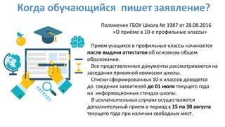 Когда обучающийся пишет заявление?
Положение ГБОУ Школа № 1987 от 28.08.2016
«О приёме в 10-е профильные классы»
Прием учащихся в профильные классы начинается
после выдачи аттестатов об основном общем
образовании.
Все представленные документы рассматриваются на
заседании приемной комиссии школы.
Списки сформированных 10-х классов доводятся
до сведения заявителей до 01 июля текущего года
на информационных стендах школы.
В исключительных случаях осуществляется
дополнительный прием в период с 15 по 30 августа
текущего года при наличии свободных мест.
 