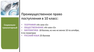 Социально-
гуманитарный
Преимущественное право
поступления в 10 класс:
• ГЕОГРАФИЯ «4» или «5»
• ОБЩЕСТВОЗНАНИЕ «4» или «5»
• МАТЕМАТИКА 18 баллов, из них не менее 10 по алгебре,
6 по геометрии
• РУССКИЙ ЯЗЫК 25 баллов
 