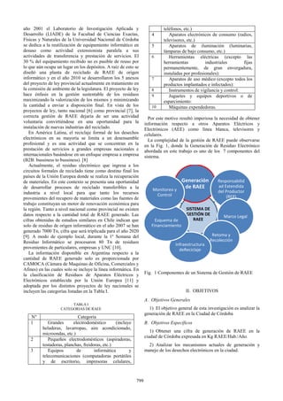 año 2001 el Laboratorio de Investigación Aplicada y
Desarrollo (LIADE) de la Facultad de Ciencias Exactas,
Físicas y Naturales de la Universidad Nacional de Córdoba
se dedica a la reutilización de equipamiento informático en
desuso como actividad extensionista paralela a sus
actividades de transferencia y prestación de servicios. El
30 % del equipamiento recibido no es pasible de reuso por
lo que aún ocupa un lugar en los depósitos. A raíz de esto se
diseñó una planta de reciclado de RAEE de origen
informático y en el año 2010 se desarrollaron los 5 anexos
del proyecto de ley provincial actualmente en tratamiento en
la comisión de ambiente de la legislatura. El proyecto de ley
hace énfasis en la gestión sustentable de los residuos
maximizando la valorización de los mismos y minimizando
la cantidad a enviar a disposición final. En vista de los
proyectos de ley, tanto nacional [6] como provincial [7], la
correcta gestión de RAEE dejaría de ser una actividad
voluntaria convirtiéndose en una oportunidad para la
instalación de nuevas industrias del reciclado.
En América Latina, el reciclaje formal de los desechos
electrónicos en su mayoría se limita a un desensamble
profesional y es una actividad que se concentran en la
prestación de servicios a grandes empresas nacionales e
internacionales basándose en un enfoque empresa a empresa
(B2B: bussiness to bussiness). [8]
Actualmente, el residuo electrónico que ingresa a los
circuitos formales de reciclado tiene como destino final los
países de la Unión Europea donde se realiza la recuperación
de materiales. En este contexto se presenta una oportunidad
de desarrollar procesos de reciclado transferibles a la
industria a nivel local para que tanto los recursos
provenientes del recupero de materiales como las fuentes de
trabajo constituyan un motor de renovación económica para
la región. Tanto a nivel nacional como provincial no existen
datos respecto a la cantidad total de RAEE generado. Las
cifras obtenidas de estudios similares en Chile indican que
solo de residuo de origen informático en el año 2007 se han
generado 7000 Tn, cifra que será triplicada para el año 2020
[9]. A modo de ejemplo local, durante la 1º Semana del
Residuo Informático se procesaron 80 Tn de residuos
provenientes de particulares, empresas y UNC [10].
La información disponible en Argentina respecto a la
cantidad de RAEE generado solo es proporcionada por
CAMOCA (Cámara de Maquinas de Oficina, Comerciales y
Afines) en las cuales solo se incluye la línea informática. En
la clasificación de Residuos de Aparatos Eléctricos y
Electrónicos establecida por la Unión Europea [11] y
adoptada por los distintos proyectos de ley nacionales se
incluyen las categorías listadas en la Tabla I.
TABLA I
CATEGORIAS DE RAEE
N° Categoría
1 Grandes electrodoméstico (incluye
heladeras, lavarropas, aire acondicionado,
microondas, etc.)
2 Pequeños electrodomésticos (aspiradoras,
tostadoras, planchas, freidoras, etc.)
3 Equipos de informática y
telecomunicaciones (computadoras portátiles
y de escritorio, impresoras celulares,
teléfonos, etc.)
4 Aparatos electrónicos de consumo (radios,
televisores, etc.)
5 Aparatos de iluminación (luminarias,
lámparas de bajo consumo, etc.)
6 Herramientas eléctricas (excepto las
herramientas industriales fijas
permanentemente, de gran envergadura,
instaladas por profesionales):
7 Aparatos de uso médico (excepto todos los
productos implantados e infectados):
8 Instrumentos de vigilancia y control:
9 Juguetes y equipos deportivos o de
esparcimiento:
10 Máquinas expendedoras.
Por este motivo resultó imperiosa la necesidad de obtener
información respecto a otros Aparatos Eléctricos y
Electrónicos (AEE) como línea blanca, televisores y
celulares.
La complejidad de la gestión de RAEE puede observarse
en la Fig. 1, donde la Generación de Residuo Electrónico
abordada en este trabajo es uno de los 7 componentes del
sistema.
Fig. 1 Componentes de un Sistema de Gestión de RAEE
II. OBJETIVOS
A. Objetivos Generales
1) El objetivo general de esta investigación es analizar la
generación de RAEE en la Ciudad de Córdoba
B. Objetivos Específicos
1) Obtener una cifra de generación de RAEE en la
ciudad de Córdoba expresada en Kg RAEE/Hab./Año.
2) Analizar los mecanismos actuales de generación y
manejo de los desechos electrónicos en la ciudad.
SISTEMA DE
GESTIÓN DE
RAEE
Generación
de RAEE
Responsabilid
ad Extendida
del Productor
(REP)
Marco Legal
Retoma y
Recolección
Infraestructura
deReciclaje
Esquema de
Financiamiento
Monitoreo y
Control
799
 