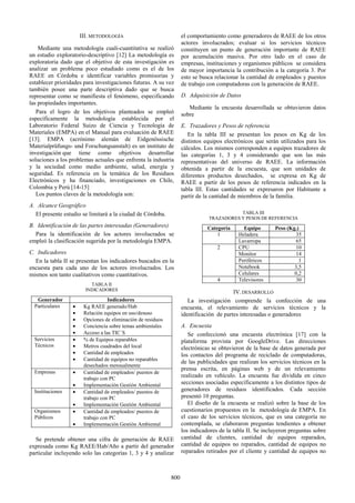 III. METODOLOGÍA
Mediante una metodología cuali-cuantitativa se realizó
un estudio exploratorio-descriptivo [12] La metodología es
exploratoria dado que el objetivo de esta investigación es
analizar un problema poco estudiado como es el de los
RAEE en Córdoba e identificar variables promisorias y
establecer prioridades para investigaciones futuras. A su vez
también posee una parte descriptiva dado que se busca
representar como se manifiesta el fenómeno, especificando
las propiedades importantes.
Para el logro de los objetivos planteados se empleó
específicamente la metodología establecida por el
Laboratorio Federal Suizo de Ciencia y Tecnología de
Materiales (EMPA) en el Manual para evaluación de RAEE
[13]. EMPA (acrónimo alemán de Eidgenössische
Materialprüfungs- und Forschungsanstalt) es un instituto de
investigación que tiene como objetivos desarrollar
soluciones a los problemas actuales que enfrenta la industria
y la sociedad como medio ambiente, salud, energía y
seguridad. Es referencia en la temática de los Residuos
Electrónicos y ha financiado, investigaciones en Chile,
Colombia y Perú [14-15]
Los puntos claves de la metodología son:
A. Alcance Geográfico
El presente estudio se limitará a la ciudad de Córdoba.
B. Identificación de las partes interesadas (Generadores)
Para la identificación de los actores involucrados se
empleó la clasificación sugerida por la metodología EMPA.
C. Indicadores
En la tabla II se presentan los indicadores buscados en la
encuesta para cada uno de los actores involucrados. Los
mismos son tanto cualitativos como cuantitativos.
TABLA II
INDICADORES
Generador Indicadores
Particulares • Kg RAEE generado/Hab
• Relación equipos en uso/desuso
• Opciones de eliminación de residuos
• Conciencia sobre temas ambientales
• Acceso a las TIC´S
Servicios
Técnicos
• % de Equipos reparables
• Metros cuadrados del local
• Cantidad de empleados
• Cantidad de equipos no reparables
desechados mensualmente
Empresas • Cantidad de empleados/ puestos de
trabajo con PC
• Implementación Gestión Ambiental
Instituciones • Cantidad de empleados/ puestos de
trabajo con PC
• Implementación Gestión Ambiental
Organismos
Públicos
• Cantidad de empleados/ puestos de
trabajo con PC
• Implementación Gestión Ambiental
Se pretende obtener una cifra de generación de RAEE
expresada como Kg RAEE/Hab/Año a partir del generador
particular incluyendo solo las categorías 1, 3 y 4 y analizar
el comportamiento como generadores de RAEE de los otros
actores involucrados; evaluar si los servicios técnicos
constituyen un punto de generación importante de RAEE
por acumulación masiva. Por otro lado en el caso de
empresas, instituciones y organismos públicos se considera
de mayor importancia la contribución a la categoría 3. Por
esto se busca relacionar la cantidad de empleados y puestos
de trabajo con computadoras con la generación de RAEE.
D. Adquisición de Datos
Mediante la encuesta desarrollada se obtuvieron datos
sobre
E. Trazadores y Pesos de referencia
En la tabla III se presentan los pesos en Kg de los
distintos equipos electrónicos que serán utilizados para los
cálculos. Los mismos corresponden a equipos trazadores de
las categorías 1, 3 y 4 considerando que son las más
representativas del universo de RAEE. La información
obtenida a partir de la encuesta, que son unidades de
diferentes productos desechados, se expresa en Kg de
RAEE a partir de los pesos de referencia indicados en la
tabla III. Estas cantidades se expresaron por Habitante a
partir de la cantidad de miembros de la familia.
TABLA III
TRAZADORES Y PESOS DE REFERENCIA
Categoría Equipo Peso (Kg.)
1 Heladera 35
Lavarropa 65
2 CPU 10
Monitor 14
Periféricos 1
Notebook 3,5
Celulares 0,2
4 Televisores 30
IV.DESARROLLO
La investigación comprende la confección de una
encuesta, el relevamiento de servicios técnicos y la
identificación de partes interesadas o generadores
A. Encuesta
Se confeccionó una encuesta electrónica [17] con la
plataforma provista por GoogleDrive. Las direcciones
electrónicas se obtuvieron de la base de datos generada por
los contactos del programa de reciclado de computadoras,
de las publicidades que realizan los servicios técnicos en la
prensa escrita, en páginas web y de un relevamiento
realizado en vehículo. La encuesta fue dividida en cinco
secciones asociadas específicamente a los distintos tipos de
generadores de residuos identificados. Cada sección
presentó 10 preguntas.
El diseño de la encuesta se realizó sobre la base de los
cuestionarios propuestos en la metodología de EMPA. En
el caso de los servicios técnicos, que es una categoría no
contemplada, se elaboraron preguntas tendientes a obtener
los indicadores de la tabla II. Se incluyeron preguntas sobre
cantidad de clientes, cantidad de equipos reparados,
cantidad de equipos no reparados, cantidad de equipos no
reparados retirados por el cliente y cantidad de equipos no
800
 