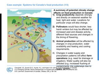 Case example: Systems for Canada’s food production (1/3)
A summary of potential climate change
effects on food production in Canada
Campbell, I.D., Durant D.G., Hunter, K.L. and Hyatt, K.D. (2014): Food Production; in Canada
in a Changing Climate: Sector Perspectives on Impacts and Adaptation, (ed.) F.J. Warren and
D.S. Lemmen; Government of Canada, Ottawa, ON, p. 99-134.
1) Crop productivity depends strongly
and directly on seasonal weather for
heat, light and water. Locations for
particular crops will also change.
2) Pollinators would face shorter, less
harsh winters but may be affected by
increased pest and disease activity,
different food sources and changes in
the timing of flowering.
3) Animal production will be affected by
changes in crop production, water
availability and heating and cooling
requirements.
4) Changes in water supply and
precipitation patterns will affect farm
operations (e.g. need for drainage or
irrigation). Water quality will also be
affected (e.g. increased flushing of
contaminants into waterways due to
heavy rainfall).
 