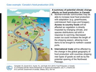 Case example: Canada’s food production (3/3)
A summary of potential climate change
effects on food production in Canada
Campbell, I.D., Durant D.G., Hunter, K.L. and Hyatt, K.D. (2014): Food Production; in Canada
in a Changing Climate: Sector Perspectives on Impacts and Adaptation, (ed.) F.J. Warren and
D.S. Lemmen; Government of Canada, Ottawa, ON, p. 99-134.
8. Northern/remote communities may be
able to increase local food production
with adaptation (e.g. greenhouses,
cold-tolerant field crops and forages).
Access to country foods will be
affected as vegetation is directly
impacted by changing climate, and
species distributions will shift in
response to warming. Decreased
ocean ice could increase the length of
the shipping season, allowing more
items to be brought to northern coastal
ports.
9. International trade will be affected by
the change in the global geography of
food production with countries shipping
new types of goods as well as by the
potential opening of the Northwest
Passage.
 