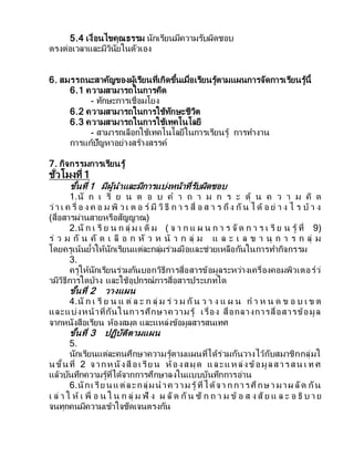 5.4 เงื่อนไขคุณธรรม นักเรียนมีความรับผิดชอบ
ตรงต่อเวลาและมีวินัยในตัวเอง
6. สมรรถนะสาคัญของผู้เรียนที่เกิดขึ้นเมื่อเรียนรู้ตามแผนการจัดการเรียนรู้นี้
6.1 ความสามารถในการคิด
- ทักษะการเชื่อมโยง
6.2 ความสามารถในการใช้ทักษะชีวิต
6.3 ความสามารถในการใช้เทคโนโลยี
- สามารถเลือกใช้เทคโนโลยีในการเรียนรู้ การทางาน
การแก้ปัญหาอย่างสร้างสรรค์
7. กิจกรรมการเรียนรู้
ชั่วโมงที่ 1
ขั้นที่ 1 มีผู้นาและมีการแบ่งหน้าที่รับผิดชอบ
1.นั ก เ รี ย น ต อ บ ค า ถ า ม ก ร ะ ตุ้ น ค ว า ม คิ ด
ว่า เ ค รื่ อ ง ค อ ม พิ ว เ ต อ ร์ มี วิธี ก า ร สื่ อ ส า ร ถึง กัน ไ ด้ อ ย่ า ง ไ ร บ้ า ง
(สื่อสารผ่านสายหรือสัญญาณ)
2.นั ก เ รี ย น ก ลุ่ ม เ ดิ ม ( จ า ก แ ผ น ก า ร จัด ก า ร เ รี ย น รู้ ที่ 9)
ร่ ว ม กั น คั ด เ ลื อ ก หั ว ห น้ า ก ลุ่ ม แ ล ะ เ ล ข า นุ ก า ร ก ลุ่ ม
โดยครูเน้นย้าให้นักเรียนแต่ละกลุ่มร่วมมือและช่วยเหลือกันในการทากิจกรรม
3.
ครูให้นักเรียนร่วมกันบอกวิธีการสื่อสารข้อมูลระหว่างเครื่องคอมพิวเตอร์ว่
ามีวิธีการใดบ้าง และใช้อุปกรณ์การสื่อสารประเภทใด
ขั้นที่ 2 วางแผน
4.นั ก เ รี ย น แ ต่ ล ะ ก ลุ่ ม ร่ ว ม กัน ว า ง แ ผ น ก า ห น ด ข อ บ เ ข ต
และแบ่งหน้าที่กันในการศึกษาความรู้ เรื่อง สื่อกลางการสื่อสารข้อมูล
จากหนังสือเรียน ห้องสมุด และแหล่งข้อมูลสารสนเทศ
ขั้นที่ 3 ปฏิบัติตามแผน
5.
นักเรียนแต่ละคนศึกษาความรู้ตามแผนที่ได้ร่วมกันวางไว้กับสมาชิกกลุ่มใ
นขั้นที่ 2 จากห นังสือเรีย น ห้องสมุด และแห ล่งข้อมูลสารสน เ ท ศ
แล้วบันทึกความรู้ที่ได้จากการศึกษาลงในแบบบันทึกการอ่าน
6.นักเรีย นแต่ละกลุ่มนาค วามรู้ที่ได้จา ก การศึกษา มาผ ลัด กัน
เ ล่ า ใ ห้ เ พื่ อ น ใ น ก ลุ่ ม ฟั ง ผ ลัด กัน ซั ก ถ า ม ข้ อ ส ง สัย แ ล ะ อ ธิ บ า ย
จนทุกคนมีความเข้าใจชัดเจนตรงกัน
 