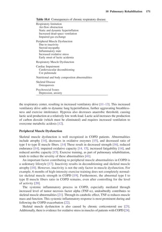 10  Pulmonary Rehabilitation  171
the respiratory center, resulting in increased ventilatory drive [11–13]. This increased
ventilatory drive adds to dynamic lung hyperinflation, further aggravating breathless-
ness and exercise intolerance. Hypoxia also decreases anaerobic threshold, causing
lactic acid production at a relatively low work-load. Lactic acid increases the production
of carbon dioxide (which must be eliminated) and requires increased ventilation to
overcome metabolic acidosis [12].
Peripheral Muscle Dysfunction
Skeletal muscle dysfunction is well recognized in COPD patients. Abnormalities
include atrophy [14], decreases in oxidative enzymes [15], and decreased ratio of
type I to type II muscle fibers. [14] These result in decreased strength [16], reduced
endurance [14], impaired oxidative capacity [14, 15], increased fatigability [14], and
reduced aerobic capacity [15]. Exercise training, as part of pulmonary rehabilitation,
tends to reduce the severity of these abnormalities [41].
An important factor contributing to peripheral muscle abnormalities in COPD is
a sedentary lifestyle [17]. Inactivity results in deconditioning and skeletal muscle
atrophy [18]. However, inactivity is not the only factor in muscle dysfunction. For
example, 6 months of high-intensity exercise training does not completely normal-
ize skeletal muscle strength in COPD [19]. Furthermore, the abnormal type I to
type II muscle fibers ratio in COPD remains, even after controlling for the level
of activity [20].
The systemic inflammatory process in COPD, especially mediated through
increased level of tumor necrosis factor alpha (TNF-a), undoubtedly contributes to
skeletal muscle abnormalities [21]. Through its catabolic effect, TNF-a reduces muscle
mass and function. This systemic inflammatory response is most prominent during and
following the COPD exacerbation [22].
Skeletal muscle dysfunction is also caused by chronic corticosteroid use [23].
Additionally, there is evidence for oxidative stress in muscles of patients with COPD [24].
Table 10.4  Consequences of chronic respiratory disease.
Respiratory limitation
  Air-flow obstruction
  Static and dynamic hyperinflation
  Increased dead-space ventilation
  Impaired gas exchange
Peripheral Muscle Dysfunction
  Due to inactivity
  Steroid myopathy
  Inflammatory state
  Increased oxidative stress
  Early onset of lactic acidemia
Respiratory Muscle Dysfunction
Cardiac Impairment
  Cardiovascular deconditioning
  Cor pulmonale
Nutritional and body composition abnormalities
Skeletal Disease
  Osteoporosis
Psychosocial Issues
  Depression, anxiety
 
