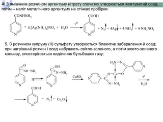 N
CONHNH2
N
COOH
+ 4 [Ag(NH3)2]NO3 + H2O
to
+ N2 + 4Ag + 4 NH3 + 4 NH4NO3
N
C
O
NH NH2
C
OH
N NH2
N
N NH2
O Cu O
NC
NNH2
N C
N
COOH
CuSO4
H2O
+ N2
+ Cu2O
to
4. З аміачним розчином аргентуму нітрату спочатку утворюється жовтуватий осад,
потім – наліт металічного аргентуму на стінках пробірки:
5. З розчином купруму (ІІ) сульфату утворюється блакитне забарвлення й осад;
при нагріванні розчин і осад набувають світло-зеленого, а потім жовто-зеленого
кольору, спостерігається виділення бульбашок газу:
 