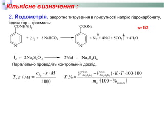 Кількісне визначення :
2. Йодометрія, зворотнє титрування в присутності натрію гідрокарбонату,
індикатор – крохмаль:
N
CONHNH2
N
COONa
+ 2 + 5 NaHCO3 + N2 + 4NaI + 5CO2 + 4H2OI2
+ 2Na2S2O3 2NaI + Na2S4O6
I2
s=1/2
Паралельно проводять контрольний дослід.
1000
Msc
млгT
I ⋅
=
*
2
/,
( )вологин
oо
OSNa
ок
OSNa
m
TKVV
X
%100
100100)(
,%
....
322322
−⋅
⋅⋅⋅⋅−
=
 