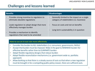 UNCLASSIFIED / NON CLASSIFIÉ
5
Challenges and lessons learned
Benefits Disadvantages
- Provides strong incentive to regulators to
eliminate obsolete regulations
- Leads regulators to adopt design that more
effectively manages burden
- Provides a mechanism to identify
regulations that need to be amended
- Generally limited to the impact on a single
category of stakeholders (i.e. business)
- Focus on costs and not on benefits
- Long term sustainability is in question
• Consider the burden to ALL stakeholders (i.e. consumers, governments, NGOs)
• Accept that burden must be imposed. Make it the goal to MINIMIZE burden for
effective benefits rather than to ELIMINATE burden.
• Adopt flexible regulatory designs that reduce burden
• Adopt flexible reconciliation mechanisms (i.e. government-wide vs. portfolio
approach)
• Allow banking so that there is a steady source of outs so that when a new regulation
must be brought in for a compelling public policy reason, there are sufficient outs.
How to use an in-out rule more effectively
 