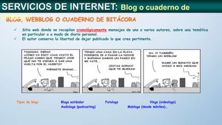  Sitio web donde se recopilan cronológicamente mensajes de uno o varios autores, sobre una temática
en particular o a modo de diario personal.
 El autor conserva la libertad de dejar publicado lo que crea pertinente.
BLOG, WEBBLOG O CUADERNO DE BITÁCORA
SERVICIOS DE INTERNET: Blog o cuaderno de
bitácora
Tipos de blog: Blogs estándar Fotologs Vlogs (videologs)
Audiologs (podcasting) Moblogs (desde móviles)…
 