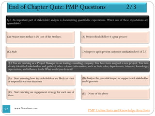 End of Chapter Quiz: PMP Questions 2/3
Q.3 An important part of stakeholder analysis is documenting quantifiable expectations. Which one of these expectations are
quantifiable?
(A) Project must reduce 15% cost of the Product.
(C)A&B
(B) Project should follow 6 sigma process
(D) improve upon present customer satisfaction level of 7.5
Q.4 You are working as a Project Manager in an leading consulting company. You have been assigned a new project. You have
already identified stakeholders and gathered other relevant information, such as their roles, departments, interests, knowledge,
expectations, and influence levels.What would you do next?
(A) Start assessing how key stakeholders are likely to react
or respond in various situations
(C) Start working on engagement strategy for each one of
them
(B) Analyze the potential impact or support each stakeholder
could generate
(D) None of the above
27 www.Testudaan.com
PMP OnlineTests and KnowledgeAreaTests
 