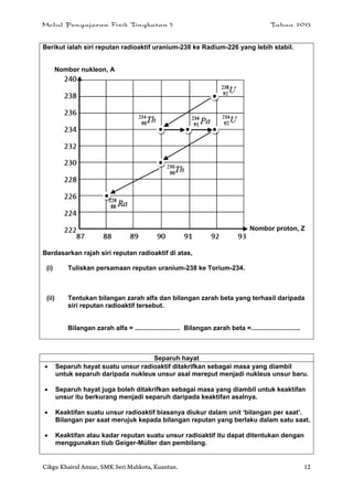 Modul Pengajaran Fizik Tingkatan 5 Tahun 2013
Cikgu Khairul Anuar, SMK Seri Mahkota, Kuantan. 12
Berikut ialah siri reputan radioaktif uranium-238 ke Radium-226 yang lebih stabil.
Berdasarkan rajah siri reputan radioaktif di atas,
(i) Tuliskan persamaan reputan uranium-238 ke Torium-234.
(ii) Tentukan bilangan zarah alfa dan bilangan zarah beta yang terhasil daripada
siri reputan radioaktif tersebut.
Bilangan zarah alfa = ......................... Bilangan zarah beta =...........................
Separuh hayat
 Separuh hayat suatu unsur radioaktif ditakrifkan sebagai masa yang diambil
untuk separuh daripada nukleus unsur asal mereput menjadi nukleus unsur baru.
 Separuh hayat juga boleh ditakrifkan sebagai masa yang diambil untuk keaktifan
unsur itu berkurang menjadi separuh daripada keaktifan asalnya.
 Keaktifan suatu unsur radioaktif biasanya diukur dalam unit ‘bilangan per saat’.
Bilangan per saat merujuk kepada bilangan reputan yang berlaku dalam satu saat.
 Keaktifan atau kadar reputan suatu unsur radioaktif itu dapat ditentukan dengan
menggunakan tiub Geiger-Müller dan pembilang.
Nombor nukleon, A
Nombor proton, Z
 