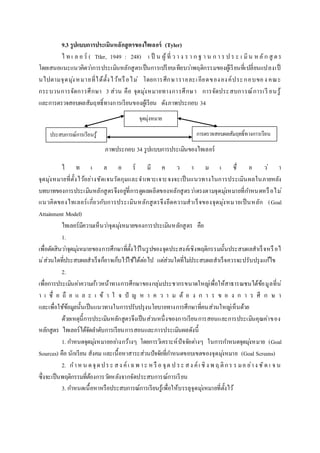 9.3 รูปแบบการประเมินหลักสูตรของไทเลอร์ (Tyler)
ไ ท เ ล อ ร์ ( Ttler, 1949 : 248) เ ป็ น ผู้ที่ ว า ง ร า ก ฐ า น ก า ร ป ร ะ เ มิน หลัก สู ตร
โดยเสนอแนะแนวคิดว่าการประเมินหลักสูตรเป็นการเปรียบเทียบว่าพฤติกรรมของผู้เรียนที่เปลี่ยนแปลงเป็
นไปตามจุดมุ่งหมายที่ได้ตั้งไว้หรือไม่ โดยการศึกษารายละเอียดขององค์ประกอบของ คณะ
กระบวนการจัดการศึกษา 3 ส่วน คือ จุดมุ่งหมายทางการศึกษา การจัดประสบการณ์การเรี ยนรู้
และการตรวจสอบผลสัมฤทธิ์ทางการเรียนของผู้เรียน ดังภาพประกอบ 34
ภาพประกอบ 34 รูปแบบการประเมินของไทเลอร์
ไ ท เ ล อ ร์ มี ค ว า ม เ ชื่ อ ว่ า
จุดมุ่งหมายที่ตั้งไว้อย่างชัดเจนรัดกุมและจาเพาะเจาะจงจะเป็นแนวทางในการประเมินผลในภายหลัง
บทบาทของการประเมินหลักสูตรจึงอยู่ที่การดูผลผลิตของหลักสูตรว่าตรงตามจุดมุ่งหมายที่กาหนดหรือไม่
แนวคิดของไทเลอร์เกี่ยวกับการประเมินหลักสูตรจึงยึดความสาเร็จของจุดมุ่งหมายเป็นหลัก (Goal
Attainment Model)
ไทเลอร์มีความเห็นว่าจุดมุ่งหมายของการประเมินหลักสูตร คือ
1.
เพื่อตัดสินว่าจุดมุ่งหมายของการศึกษาที่ตั้งไว้ในรูปของจุดประสงค์เชิงพฤติกรรมนั้นประสบผลสาเร็จหรือไ
ม่ส่วนใดที่ประสบผลสาเร็จก็อาจเก็บไว้ใช้ได้ต่อไป แต่ส่วนใดที่ไม่ประสบผลสาเร็จควรจะปรับปรุงแก้ไข
2.
เพื่อการประเมินค่าความก้าวหน้าทางการศึกษาของกลุ่มประชากรขนาดใหญ่เพื่อให้สาธารณชนได้ข้อมูลที่น่
า เ ชื่ อ ถื อ แ ล ะ เ ข้ า ใ จ ปั ญ ห า ค ว า ม ต้ อ ง ก า ร ข อ ง ก า ร ศึ ก ษ า
และเพื่อใช้ข้อมูลนั้นเป็นแนวทางในการปรับปรุงนโยบายทางการศึกษาที่คนส่วนใหญ่เห็นด้วย
ด้วยเหตุนี้การประเมินหลักสูตรจึงเป็นส่วนหนึ่งของการเรียนการสอนและการประเมินคุณค่าของ
หลักสูตร ไทเลอร์ได้จัดลาดับการเรียนการสอนและการประเมินผลดังนี้
1. กาหนดจุดมุ่งหมายอย่างกว้างๆ โดยการวิเคราะห์ปัจจัยต่างๆ ในการกาหนดจุดมุ่งหมาย (Goal
Sources) คือ นักเรียน สังคม และเนื้อหาสาระส่วนปัจจัยที่กาหนดขอบเขตของจุดมุ่งหมาย (Goal Screens)
2. กาหน ดจุดประ สง ค์เ ฉพ าะ หรื อ จุด ป ระ สง ค์เ ชิง พ ฤ ติกร ร มอ ย่าง ชัด เ จ น
ซึ่งจะเป็นพฤติกรรมที่ต้องการวัดหลังจากจัดประสบการณ์การเรียน
3. กาหนดเนื้อหาหรือประสบการณ์การเรียนรู้เพื่อให้บรรลุจุดมุ่งหมายที่ตั้งไว้
จุดมุ่งหมาย
ประสบการณ์การเรียนรู้ การตรวจสอบผลสัมฤทธิ์ทางการเรียน
 