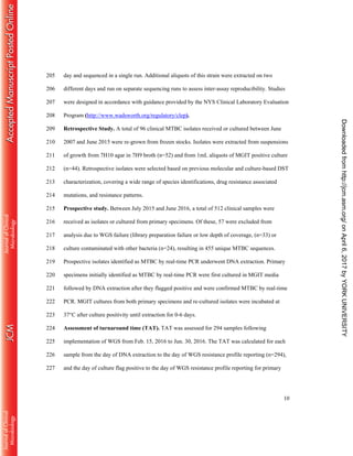 10
day and sequenced in a single run. Additional aliquots of this strain were extracted on two205
different days and run on separate sequencing runs to assess inter-assay reproducibility. Studies206
were designed in accordance with guidance provided by the NYS Clinical Laboratory Evaluation207
Program (http://www.wadsworth.org/regulatory/clep).208
Retrospective Study. A total of 96 clinical MTBC isolates received or cultured between June209
2007 and June 2015 were re-grown from frozen stocks. Isolates were extracted from suspensions210
of growth from 7H10 agar in 7H9 broth (n=52) and from 1mL aliquots of MGIT positive culture211
(n=44). Retrospective isolates were selected based on previous molecular and culture-based DST212
characterization, covering a wide range of species identifications, drug resistance associated213
mutations, and resistance patterns.214
Prospective study. Between July 2015 and June 2016, a total of 512 clinical samples were215
received as isolates or cultured from primary specimens. Of these, 57 were excluded from216
analysis due to WGS failure (library preparation failure or low depth of coverage, (n=33) or217
culture contaminated with other bacteria (n=24), resulting in 455 unique MTBC sequences.218
Prospective isolates identified as MTBC by real-time PCR underwent DNA extraction. Primary219
specimens initially identified as MTBC by real-time PCR were first cultured in MGIT media220
followed by DNA extraction after they flagged positive and were confirmed MTBC by real-time221
PCR. MGIT cultures from both primary specimens and re-cultured isolates were incubated at222
37°C after culture positivity until extraction for 0-6 days.223
Assessment of turnaround time (TAT). TAT was assessed for 294 samples following224
implementation of WGS from Feb. 15, 2016 to Jun. 30, 2016. The TAT was calculated for each225
sample from the day of DNA extraction to the day of WGS resistance profile reporting (n=294),226
and the day of culture flag positive to the day of WGS resistance profile reporting for primary227
onApril6,2017byYORKUNIVERSITYhttp://jcm.asm.org/Downloadedfrom
 