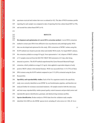11
specimens received and isolates that were re-cultured (n=62). The date of WGS resistance profile228
reporting for each sample was compared to date of reporting first-line culture-based DST (n=98),229
and second-line culture-based DST (n=8).230
231
RESULTS232
233
234
Development and optimization of a novel DNA extraction method. A novel DNA extraction235
method to extract pure DNA from difficult-to-lyse mycobacteria and yield high-quality WGS236
data was developed and optimized for this study. DNA extractions of MTBC isolates using this237
IG/FP method were found to provide robust and reliable WGS results. For liquid MGIT cultures,238
this extraction yielded an average 0.8 ng/μL from representative 1 mL aliquots of MGIT cultures239
of 15 samples removed from the BACTEC MGIT 960 instrument at 0-3 days after being240
detected as positive. The IG/FP method outperformed the Zymo Research Bacterial/Fungal241
extraction, which yielded an average 0.12 ng/uL when applied to equivalent aliquots of early242
positive MGIT cultures with minimal biomass. WGS was successful from 11/15 (73%) of these243
DNA extracts using the IG/FP method compared to just 3/15 (20%) extracted using the Zymo244
Research Kit.245
Specificity and reproducibility studies. Each of the five organisms tested in the specificity246
study were correctly identified as non-MTBC by our bioinformatics pipeline, and therefore not247
analyzed further for resistance-associated mutations. All samples tested in both the intra-assay248
and inter-assay reproducibility studies passed quality control measures and provided correct and249
reproducible species identification, genotype, and identical drug resistance profiles.250
Species identification. Kraken analysis of WGS data from the validation study samples251
identified 146 (100%) to the MTBC species level, including M. tuberculosis (n=140), M. bovis252
onApril6,2017byYORKUNIVERSITYhttp://jcm.asm.org/Downloadedfrom
 