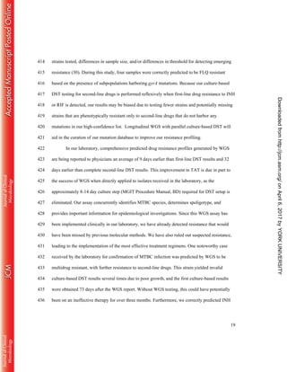 19
strains tested, differences in sample size, and/or differences in threshold for detecting emerging414
resistance (30). During this study, four samples were correctly predicted to be FLQ resistant415
based on the presence of subpopulations harboring gyrA mutations. Because our culture-based416
DST testing for second-line drugs is performed reflexively when first-line drug resistance to INH417
or RIF is detected, our results may be biased due to testing fewer strains and potentially missing418
strains that are phenotypically resistant only to second-line drugs that do not harbor any419
mutations in our high-confidence list. Longitudinal WGS with parallel culture-based DST will420
aid in the curation of our mutation database to improve our resistance profiling.421
In our laboratory, comprehensive predicted drug resistance profiles generated by WGS422
are being reported to physicians an average of 9 days earlier than first-line DST results and 32423
days earlier than complete second-line DST results. This improvement in TAT is due in part to424
the success of WGS when directly applied to isolates received in the laboratory, as the425
approximately 8-14 day culture step (MGIT Procedure Manual, BD) required for DST setup is426
eliminated. Our assay concurrently identifies MTBC species, determines spoligotype, and427
provides important information for epidemiological investigations. Since this WGS assay has428
been implemented clinically in our laboratory, we have already detected resistance that would429
have been missed by previous molecular methods. We have also ruled out suspected resistance,430
leading to the implementation of the most effective treatment regimens. One noteworthy case431
received by the laboratory for confirmation of MTBC infection was predicted by WGS to be432
multidrug resistant, with further resistance to second-line drugs. This strain yielded invalid433
culture-based DST results several times due to poor growth, and the first culture-based results434
were obtained 73 days after the WGS report. Without WGS testing, this could have potentially435
been on an ineffective therapy for over three months. Furthermore, we correctly predicted INH436
onApril6,2017byYORKUNIVERSITYhttp://jcm.asm.org/Downloadedfrom
 