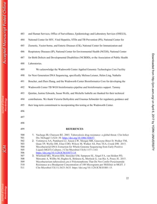 22
and Human Services, Office of Surveillance, Epidemiology and Laboratory Services (OSELS),483
National Center for HIV, Viral Hepatitis, STDs and TB Prevention (PS), National Center for484
Zoonotic, Vector-borne, and Enteric Diseases (CK), National Center for Immunization and485
Respiratory Diseases (IP), National Center for Environmental Health (NCEH), National Center486
for Birth Defects and Developmental Disabilities (NCBDD), or the Association of Public Health487
Laboratories.488
We acknowledge the Wadsworth Center Applied Genomic Technologies Core Facility489
for Next Generation DNA Sequencing, specifically Melissa Leisner, Helen Ling, Nathalie490
Boucher, and Zhen Zhang, and the Wadsworth Center Bioinformatics Core for developing the491
Wadsworth Center TB WGS bioinformatics pipeline and bioinformatics support. Tammy492
Quinlan, Justine Edwards, Susan Wolfe, and Michelle Isabelle are thanked for their technical493
contributions. We thank Victoria Derbyshire and Erasmus Schneider for regulatory guidance and494
their long-term commitment to incorporating this testing at the Wadsworth Center.495
496
497
498
REFERENCES499
1. Nachega JB, Chaisson RE. 2003. Tuberculosis drug resistance: a global threat. Clin Infect500
Dis 36(Suppl 1):S24–30. https://doi.org/10.1086/344657.501
2. Votintseva AA, Pankhurst LJ, Anson LW, Morgan MR, Gascoyne-Binzi D, Walker TM,502
Quan TP, Wyllie DH, Elias CDO, Wilcox M, Walker AS, Peto TEA, Crook DW. 2015.503
Mycobacterial DNA Extraction for Whole-Genome Sequencing from Early Positive504
Liquid (MGIT) Cultures. J Clin Microbiol 53(4):1137-1143.505
https://doi.org/10.1128/JCM.03073-14.506
3. Whitfield MG, Warren RM, Streicher EM, Sampson SL, Sirgel FA, van Helden PD,507
Mercante A, Willby M, Hughes K, Birkness K, Morlock G, van Rie A, Posey JE. 2015.508
Mycobacterium tuberculosis pncA Polymorphisms That Do Not Confer Pyrazinamide509
Resistance at a Breakpoint Concentration of 100 Micrograms per Milliliter in MGIT. J510
Clin Microbiol 53(11):3633-3635. https://doi.org/10.1128/JCM.01001-15.511
onApril6,2017byYORKUNIVERSITYhttp://jcm.asm.org/Downloadedfrom
 