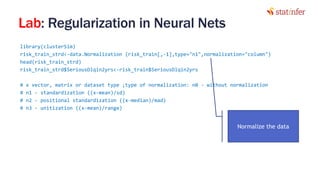 Lab: Regularization in Neural Nets
library(clusterSim)
risk_train_strd<-data.Normalization (risk_train[,-1],type="n1",normalization="column")
head(risk_train_strd)
risk_train_strd$SeriousDlqin2yrs<-risk_train$SeriousDlqin2yrs
# x vector, matrix or dataset type ;type of normalization: n0 - without normalization
# n1 - standardization ((x-mean)/sd)
# n2 - positional standardization ((x-median)/mad)
# n3 - unitization ((x-mean)/range)
27
Normalize the data
 