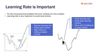 Learning Rate is Important
47
• Small learning rate
• Small steps towards
minima
• Has a risk of ending up
in local minima
• Optimal learning rate
• Avoids local minima
• High chance of
ending at global
minima
• For the actual practical problems the error surfaces are very complex
• Learning rate is very important to avoid local minima
 