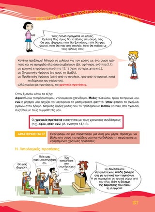 ∂∂∂∂∂¡¡¡¡√√√√∆∆∆∆∆∆∏∏∏∏∆∆∆∆∞∞∞∞∞ 1111166666: ¶¶¶ÒÒÒ˜˜˜˜ ÛÛ˘˘Óı¤Ùˆ ÊÚ¿ÛÂÈ˜ Î·È ÚÔÙ¿ÛÂÈ˜;
197
ŸÙ·Ó Í˘Ó¿ˆ Î¿Óˆ Ù· ÂÍ‹˜:
∞ÊÔ‡ Ï‡Óˆ ÙÔ ÚﬁÛˆﬁ ÌÔ˘, ÓÙ‡ÓÔÌ·È Î·È ¯ÙÂÓ›˙ÔÌ·È. ªﬁÏÈ˜ ÙÂÏÂÈÒÛˆ, ÙÚÒˆ ÙÔ ÚˆÈÓﬁ ÌÔ˘,
ÂÓÒ Ë ÌËÙ¤Ú· ÌÔ˘ ·Ú¯›˙ÂÈ Ó· Ì·ÁÂÈÚÂ‡ÂÈ ÙÔ ÌÂÛËÌÂÚÈ·Óﬁ Ê·ÁËÙﬁ. ŸÙ·Ó ÊÙ¿ÛÂÈ ÙÔ Û¯ÔÏÈÎﬁ,
‚Á·›Óˆ ÛÙÔÓ ‰ÚﬁÌÔ. ªÂÚÈÎ¤˜ ÊÔÚ¤˜ ÌﬁÏÈ˜ Ô˘ ÙÔ ÚÔÏ·‚·›Óˆ! ﬂÛÔ˘ Ó· ¿ˆ ÛÙÔ Û¯ÔÏÂ›Ô,
Û˘˙ËÙ¿ˆ ÌÂ ÙÔ˘˜ Û˘ÌÌ·ıËÙ¤˜ ÌÔ˘.
√È ¯ÚÔÓÈÎ¤˜ ÚÔÙ¿ÛÂÈ˜ ÂÈÛ¿ÁÔÓÙ·È ÌÂ ÙÔ˘˜ ¯ÚÔÓÈÎÔ‡˜ Û˘Ó‰¤ÛÌÔ˘˜
(.¯. ·ÊÔ‡, ﬁÙ·Ó, ÂÓÒ, ‚Ï. ÂÓﬁÙËÙ· 14.1 µ).
∫·Ó¤Ó· Úﬁ‚ÏËÌ·! ªÔÚÒ Ó· ÌÈÏ‹Ûˆ ÁÈ· ÙÔÓ ¯ÚﬁÓÔ ÌÂ ¤Ó· ÛˆÚﬁ ÙÚﬁ-
Ô˘˜ Î·È Ó· ·ÊËÁËıÒ ﬁÏ· ﬁÛ· Û˘Ì‚·›ÓÔ˘Ó (‚Ï. ·Ê‹ÁËÛË, ÂÓﬁÙËÙ· 2.1):
ÌÂ ¯ÚÔÓÈÎ¿ ÂÈÚÚ‹Ì·Ù· (ÂÓﬁÙËÙ· 12.1) (ÚÈÓ, ‡ÛÙÂÚ·, ¯ÙÂ˜ Î.¿.),
ÌÂ √ÓÔÌ·ÙÈÎ¤˜ ºÚ¿ÛÂÈ˜ (ÙÔ Úˆ›, ÙÔ ‚Ú¿‰˘),
ÌÂ ¶ÚÔıÂÙÈÎ¤˜ ºÚ¿ÛÂÈ˜ (ÌÂÙ¿ ·ﬁ ÙÔ Û¯ÔÏÂ›Ô, ÚÈÓ ·ﬁ ÙÔ ÚˆÈÓﬁ, Î·Ù¿
ÙË ‰È¿ÚÎÂÈ· ÙÔ˘ ÁÂ‡Ì·ÙÔ˜),
·ÏÏ¿ Î˘Ú›ˆ˜ ÌÂ ÚÔÙ¿ÛÂÈ˜, ÙÈ˜ ¯ÚÔÓÈÎ¤˜ ÚÔÙ¿ÛÂÈ˜.
¢ƒ∞™∆∏ƒπ√∆∏∆∞ 37 ¶ÂÚÈÁÚ¿Êˆ ÛÂ ÌÈ· ·Ú¿ÁÚ·ÊÔ ÌÈ· ‰ÈÎ‹ ÌÔ˘ Ì¤Ú·. ¶ÚÔÛ¤¯ˆ Ó·
‚¿Ïˆ ÛÙË ÛÂÈÚ¿ ÙÈ˜ Ú¿ÍÂÈ˜ ÌÔ˘ Î·È Ó· ‰ËÏÒÛˆ ÙË ÛÂÈÚ¿ ·˘Ù‹ ÌÂ
ÂÍ·ÚÙËÌ¤ÓÂ˜ ¯ÚÔÓÈÎ¤˜ ÚÔÙ¿ÛÂÈ˜.
£· Ì·˜
ÂÍËÁ‹ÛÂÙÂ...
¶Â›ÙÂ Ì·˜
ÁÈ·Ù› ˘ÔÛÙËÚ›Í·ÙÂ
ﬁÙÈ...
√È ‰ÂÈÓﬁÛ·˘ÚÔÈ
ÂÍ·Ê·Ó›ÛÙËÎ·Ó, ÂÂÂÂÈÈ‰‰‹‹ ÍÍÂÂÎÎ››ÓÓËËÛÛÂÂ
ÛÛÙÙËË ÁÁËË ËË ÂÂÔÔ¯¯‹‹ ÙÙˆˆÓÓ ··ÁÁÂÂÙÙÒÒÓÓˆˆÓÓ.
∏ ÁË ·Ú·Ì¤ÓÂÈ ÛÂ ÙÚÔ¯È¿ Á‡Úˆ ·ﬁ
ÙÔÓ ‹ÏÈÔ, ‰‰ÈÈﬁﬁÙÙÈÈ ËË ‰‰‡‡ÓÓ··ÌÌËË
ÙÙËË˜˜ ‚‚··ÚÚ‡‡ÙÙËËÙÙ··˜˜ ÙÙÔÔ˘˘ ËËÏÏ››ÔÔ˘˘
ÙÙËË ÛÛ˘˘ÁÁÎÎÚÚ··ÙÙÂÂ››.
Œ¯ÂÈ˜ ÔÏÏ¿ Ú¿ÁÌ·Ù· Ó· Î¿ÓÂÈ˜,
√Ú¤ÛÙË! ¶Ò˜ ﬁÌˆ˜ ı· Ù· ‚¿ÏÂÈ˜ ÛÙË ÛÂÈÚ¿, Ò˜
ı· Ì·˜ ÂÍËÁ‹ÛÂÈ˜ ﬁÙÂ ı· Í˘Ó‹ÛÂÈ˜, ﬁÙÂ ı· Ê·˜
ÚˆÈÓﬁ, ﬁÙÂ ı· ·˜ ÛÙÔ Û¯ÔÏÂ›Ô, ﬁÙÂ ı· ·›ÍÂÈ˜ ÌÂ
ÙÔ˘˜ Ê›ÏÔ˘˜ ÛÔ˘;
¶Ò˜
Î·Ù·Ï‹Í·ÙÂ
ÛÙÔ
Û˘Ì¤Ú·ÛÌ·
ﬁÙÈ...
∏∏.. ∞∞ÈÈÙÙÈÈÔÔÏÏÔÔÁÁÈÈÎÎ¤¤˜˜ ÚÚÔÔÙÙ¿¿ÛÛÂÂÈÈ˜˜
 