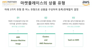 마켓플레이스의 상품 유형
아래 3가지 유형 중 어느 유형으로 상품을 구성하여 등록/판매할지 결정
01
복잡한 구성 필요없이 단일 서버
이미지를 설치하여 사용하는
패키지형 소프트웨어
AMI:
Amazon Machine
Image
Clusters
and
AWS Resources
SaaS on AWS
02
전체 소프트웨어 환경을 고객의
AWS 인프라 계정에 구현하는
클러스터 형 소프트웨어
03
고객은 별도 설치/구성할 필요 없이
판매자의 서비스 환경에서 제공되는
서비스형 소프트웨어
 