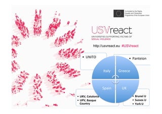 http://usvreact.eu #USVreact
•  Brunel	U	
•  Sussex	U	
•  York	U	
•  URV,	Catalonia	
•  UPV,	Basque	
Country	
•  Panteion	...