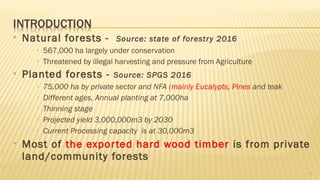  Natural forests - Source: state of forestry 2016
• 567,000 ha largely under conservation
• Threatened by illegal harvest...