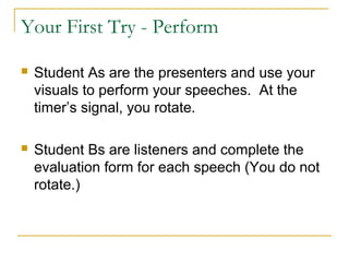 Your First Try - Perform
 Student As are the presenters and use your
visuals to perform your speeches. At the
timer’s signal, you rotate.
 Student Bs are listeners and complete the
evaluation form for each speech (You do not
rotate.)
 