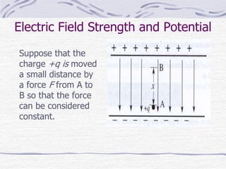 Electric Field Strength and Potential
Suppose that the
charge +q is moved
a small distance by
a force F from A to
B so that the force
can be considered
constant.
 
